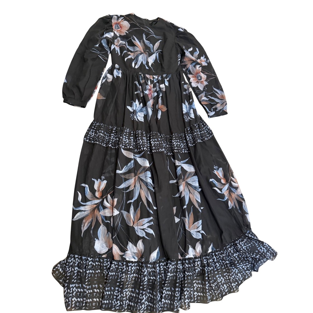 Annah Hariri Black Floral Tiered Maxi Dress Modest Long Sleeve US 12 Turkey
